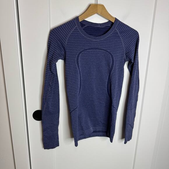 Lululemon Run: Swiftly Tech Long Sleeve Crew Rugby Stripe Black Grape Size 4 - Picture 2 of 6